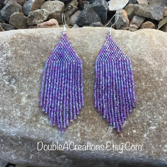 Purple Rainbow Lined Beaded Earrings with Fringe, New, Handmade By Me - Picture 2 of 7
